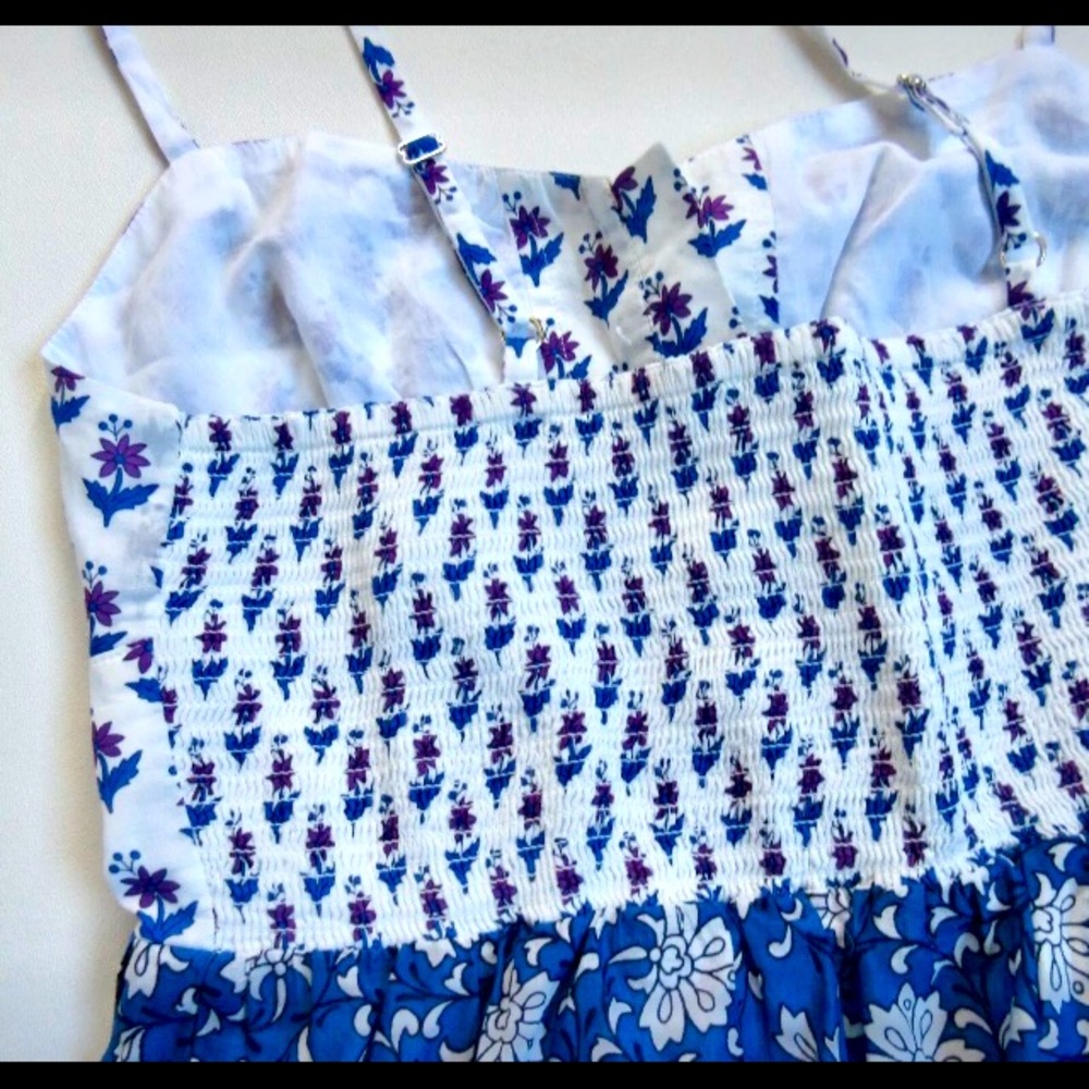 J. CREW Blue White Floral Block Print Smocked Patchwork CottonTiered Dress 4 NEW - Picture 11 of 11